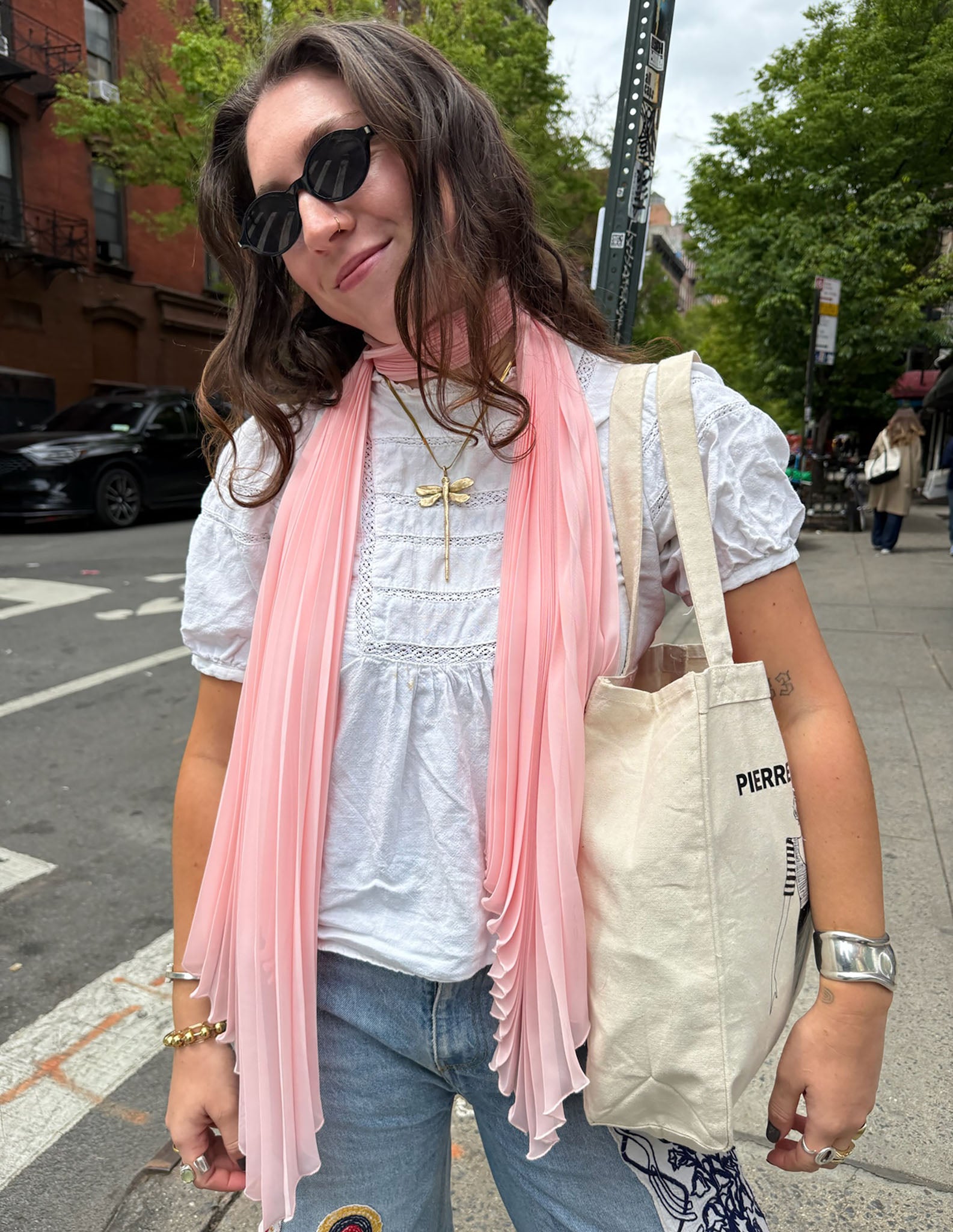 Blush pink pleated flowy long silk chiffon scarf 