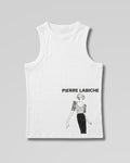 White halter cotton tank top with a vintage Pierre Labiche sketch in the bottom right corner. Pierre Labiche is written in bold letters on top.