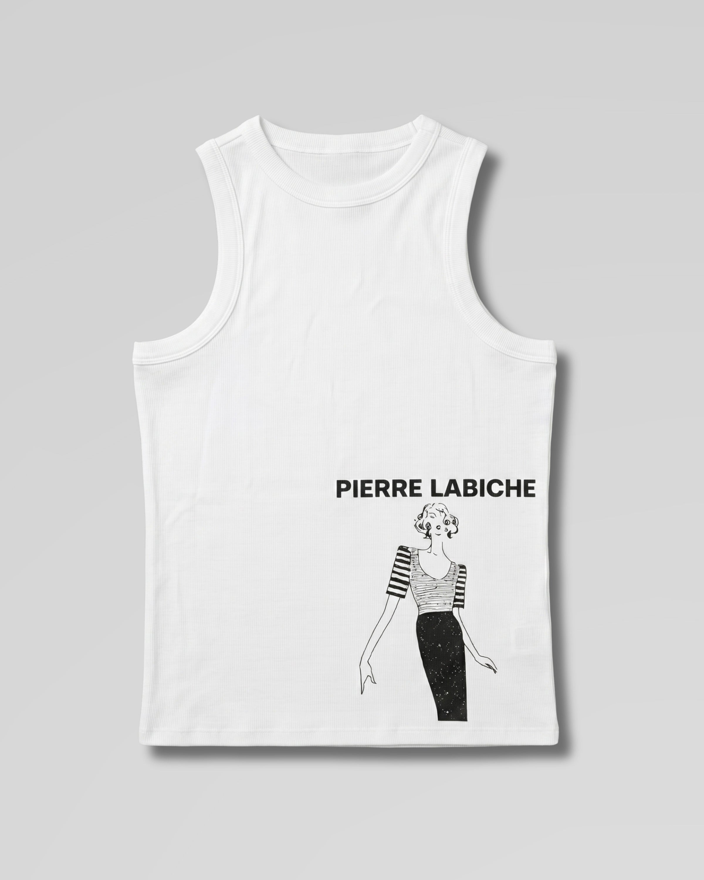 White halter cotton tank top with a vintage Pierre Labiche sketch in the bottom right corner. Pierre Labiche is written in bold letters on top.