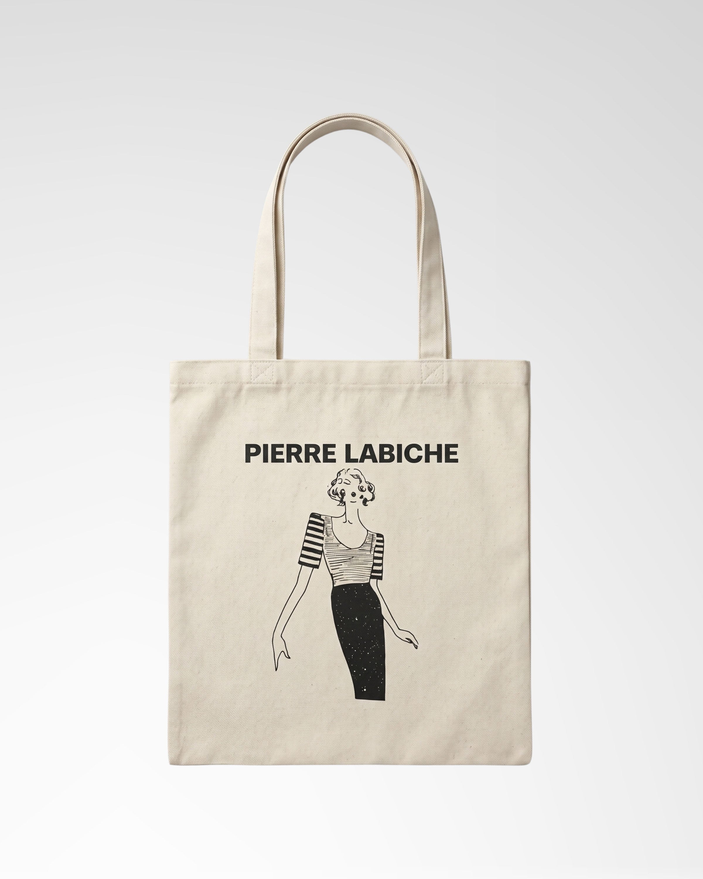 Canvas Tote bag with a vintage Pierre Labiche sketch of a woman wearing a striped shirt and pencil skirt. Pierre Labiche written in bold letters on top. Image on one side of the tote. 