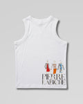 White cotton halter top with a vintage Pierre Labiche sketch of 3 ladies in colorful attire. Pierre Labiche written underneath them.
