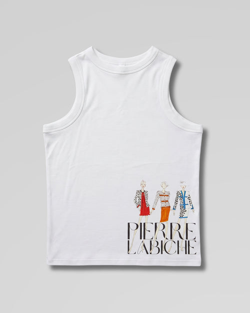 White cotton halter top with a vintage Pierre Labiche sketch of 3 ladies in colorful attire. Pierre Labiche written underneath them.